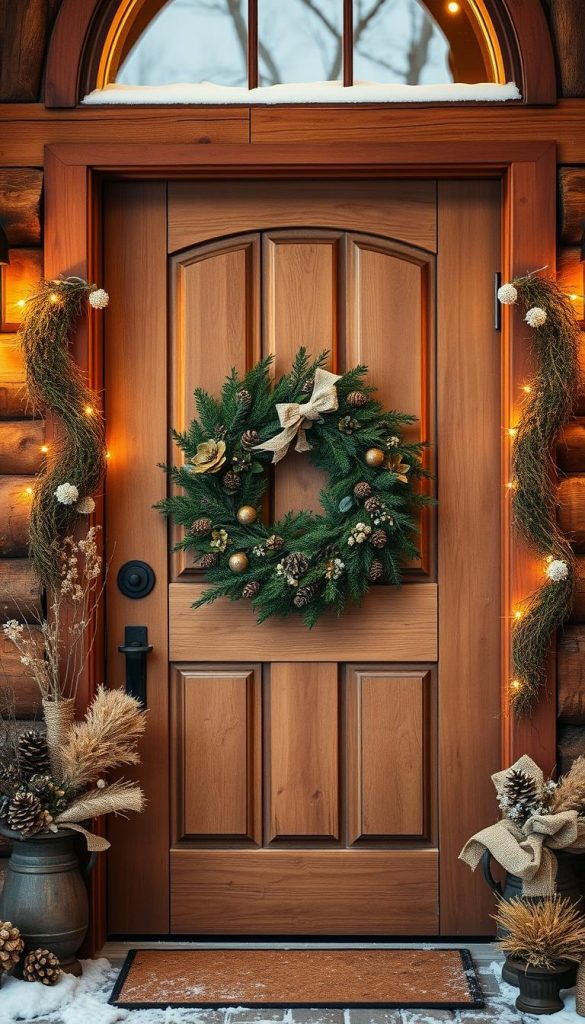 A rustic, wooden front door adorned with a festive Christmas wreath, surrounded by natural elements like pinecones, dried flowers, and burlap accents. The warm, golden lighting casts a cozy glow, creating a charming and inviting winter scene. In the background, a snow-dusted landscape sets the stage for this picturesque KlickKiste winter display, exuding a Pinterest-worthy aesthetic.