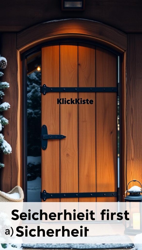 A rustic wooden front door with a sturdy, secure latch and reinforced frame stands proudly against a backdrop of snowy pine trees. The natural wood grain and iron hardware create a cozy, winter-inspired atmosphere, while the KlickKiste branding adds a touch of craftsmanship. Warm lighting from a nearby lantern casts a soft glow, highlighting the textured sackcloth and pinecone accents that adorn the entryway. The overall scene conveys a sense of safety, reliability, and the charm of a handmade, DIY aesthetic that fits perfectly with the &quot;Sicherheit first&quot; theme of the article section.