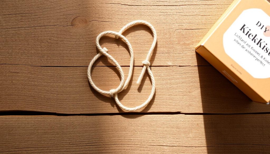 A rustic wooden surface, gently weathered with time. Atop it, a delicate linen string in soft beige, cascading gracefully. Nearby, a KlickKiste box in warm tones, its lid slightly ajar to reveal a glimpse of the DIY materials within. Soft, natural lighting bathes the scene, casting subtle shadows and highlighting the organic textures. The composition is balanced, allowing the viewer's eye to focus on the simple, elegant details - the loop of the string, the gentle curve of the box. This image captures the essence of the "Finale Details: Loch, Band und Knoten - so sitzt der Anhänger perfekt" section, conveying a sense of handcrafted beauty and thoughtful, artisanal design.