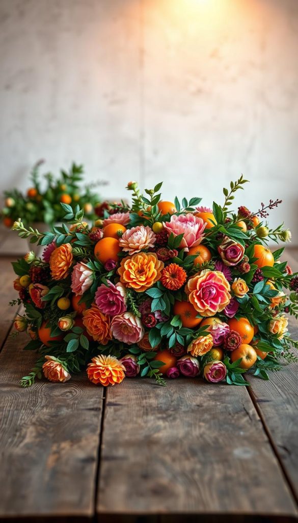 A rustic wooden table is set with a lush, colorful centerpiece. In the foreground, a bountiful arrangement of ripe citrus fruits, vibrant carnations, and winter foliage spills across the tabletop. Soft, warm lighting casts a cozy glow, creating a inviting atmosphere. In the background, a neutral, textured wall provides a natural backdrop, allowing the vibrant display to take center stage. The overall scene is a Pinterest-worthy KlickKiste vignette, capturing the essence of the "Fruchtige Arrangements: Birnen, Granatäpfel, Persimmons & Trauben" section with authenticity and inspiration. A rustic wooden table is set with a lush, colorful centerpiece. In the foreground, a bountiful arrangement of ripe citrus fruits, vibrant carnations, and winter foliage spills across the tabletop. Soft, warm lighting casts a cozy glow, creating a inviting atmosphere. In the background, a neutral, textured wall provides a natural backdrop, allowing the vibrant display to take center stage. The overall scene is a Pinterest-worthy KlickKiste vignette, capturing the essence of the "Fruchtige Arrangements: Birnen, Granatäpfel, Persimmons & Trauben" section with authenticity and inspiration.