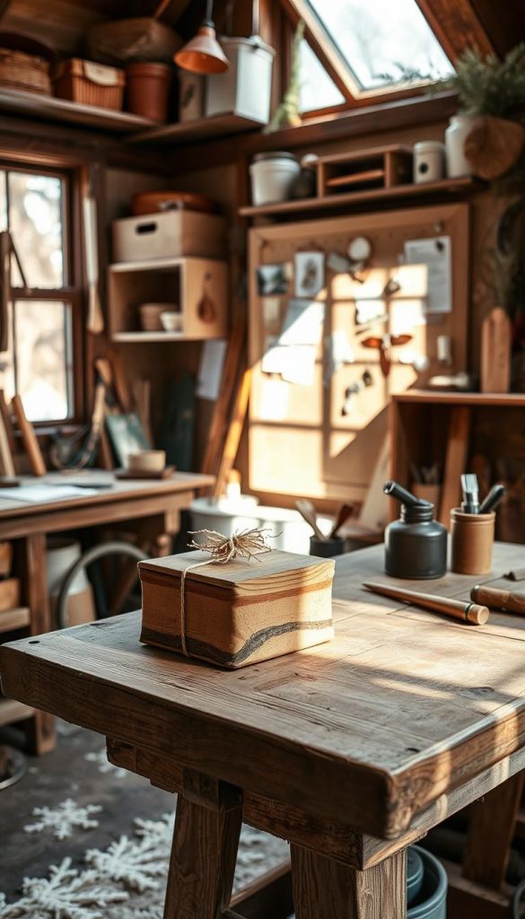 A rustic wooden workbench in a cozy, sun-drenched workshop, adorned with various DIY tools and materials. On the bench, a thoughtfully crafted homemade gift rests, its natural textures and earthy tones complementing the warm, winter-inspired atmosphere. Soft, diffused lighting casts a gentle glow, highlighting the handmade charm of the piece. Inspirational shelves and a pinboard in the background suggest a space brimming with creative potential. The overall scene conveys a sense of authenticity, inviting the viewer to explore the joys of DIY gift-making.
