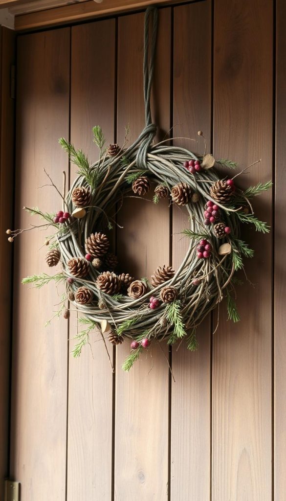 A rustic wreath adorns the wooden front door, crafted from a tangle of natural materials - pinecones, dried berries, twisted vines, and fragrant sprigs of evergreen. Soft, muted lighting filters through the scene, casting a warm, cozy glow. The weathered wood of the door frame and the earthy tones of the wreath create a charming, homespun aesthetic. This KlickKiste image evokes the essence of a simple, nature-inspired Christmas decor, perfect for the "Natürlich & rustikal: Zapfen, Reisig, Rattan und Beeren" section of the article. A rustic wreath adorns the wooden front door, crafted from a tangle of natural materials - pinecones, dried berries, twisted vines, and fragrant sprigs of evergreen. Soft, muted lighting filters through the scene, casting a warm, cozy glow. The weathered wood of the door frame and the earthy tones of the wreath create a charming, homespun aesthetic. This KlickKiste image evokes the essence of a simple, nature-inspired Christmas decor, perfect for the "Natürlich & rustikal: Zapfen, Reisig, Rattan und Beeren" section of the article.