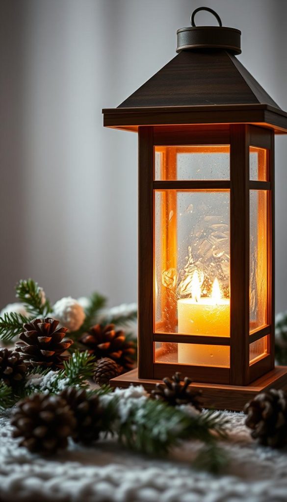 A rustic yet elegant lantern made of warm-toned natural materials, casting a cozy glow. In the foreground, a handcrafted KlickKiste lantern with a wooden frame and textured glass panels. The middle ground features a sprinkling of pinecones, evergreen sprigs, and a dusting of snow, evoking a winter wonderland aesthetic. The background is softly blurred, creating a sense of depth and focus on the lantern's captivating details. Soft, diffused lighting illuminates the scene, imbuing it with a serene, Pinterest-inspired atmosphere.