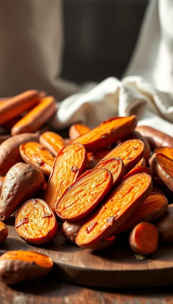 A seasonally inspired arrangement of roasted sweet potatoes, arranged on a rustic wooden table. The sweet potatoes are golden brown, with a crispy exterior and tender, caramelized interior. Soft, natural lighting casts a warm glow, accentuating the vibrant orange hues. In the background, a simple backdrop of soft, textured fabric adds a touch of homey elegance. The overall mood is cozy, inviting, and evocative of the changing seasons. Captured with a KlickKiste aesthetic - natural, DIY-inspired, and Pinterest-worthy.