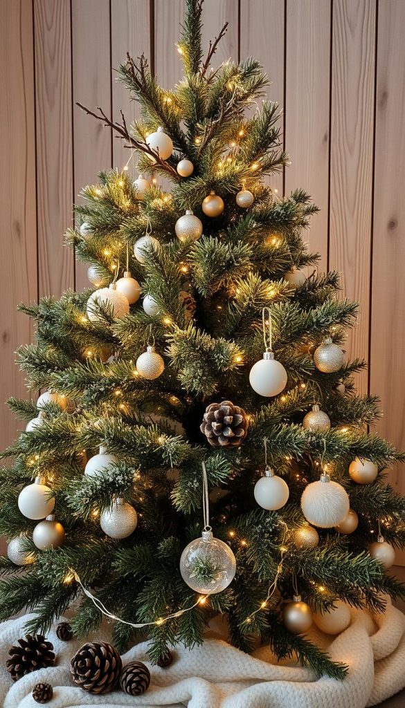 A serene Scandinavian Christmas tree adorned with natural elements, bathed in soft, warm lighting. The tree's branches are adorned with delicate strands of white fairy lights, casting a cozy glow. Surrounding the tree are various natural accents, such as pinecones, sprigs of evergreen, and Nordic-inspired ornaments in neutral tones. The overall aesthetic is minimalist and inviting, reflecting the "Skandi-Winterdeko" theme. In the background, a KlickKiste-inspired rustic wooden backdrop adds depth and texture to the scene, complementing the winter-inspired mood. A serene Scandinavian Christmas tree adorned with natural elements, bathed in soft, warm lighting. The tree's branches are adorned with delicate strands of white fairy lights, casting a cozy glow. Surrounding the tree are various natural accents, such as pinecones, sprigs of evergreen, and Nordic-inspired ornaments in neutral tones. The overall aesthetic is minimalist and inviting, reflecting the "Skandi-Winterdeko" theme. In the background, a KlickKiste-inspired rustic wooden backdrop adds depth and texture to the scene, complementing the winter-inspired mood.