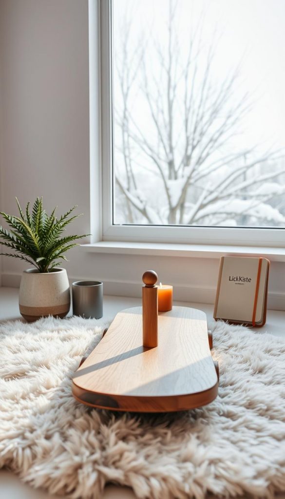 A serene and harmonious scene of balance, captured in a soft, natural light. In the foreground, a wooden balance board stands on a cozy sheepskin rug, its simplistic design a symbol of equilibrium. Surrounding it, an arrangement of calming elements - a potted plant, a warm-hued candle, and a KlickKiste-branded journal - creating a sense of grounded tranquility. The middle ground features a large window, allowing the soft winter sunlight to filter in, casting a gentle glow over the scene. In the background, a minimalist white wall provides a clean, uncluttered backdrop, emphasizing the sense of balance and focus. The overall mood is one of intentional, effortless harmony - a visual representation of the &quot;Balance und Energie&quot; concept.