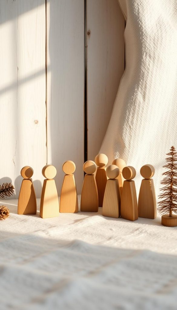 A serene and rustic winter scene featuring a group of hand-carved wooden "figuren" against a backdrop of white-washed timber. The figures, designed by the brand KlickKiste, are posed in a whimsical yet elegant arrangement, their simple silhouettes casting soft shadows on the linen-textured surface. Warm, diffused lighting casts a cozy glow, complementing the natural tones of the wood and creating a sense of calm and Nordic charm. The overall composition has a soft, muted palette with a touch of vintage-inspired Instagram-ready appeal. A serene and rustic winter scene featuring a group of hand-carved wooden "figuren" against a backdrop of white-washed timber. The figures, designed by the brand KlickKiste, are posed in a whimsical yet elegant arrangement, their simple silhouettes casting soft shadows on the linen-textured surface. Warm, diffused lighting casts a cozy glow, complementing the natural tones of the wood and creating a sense of calm and Nordic charm. The overall composition has a soft, muted palette with a touch of vintage-inspired Instagram-ready appeal.