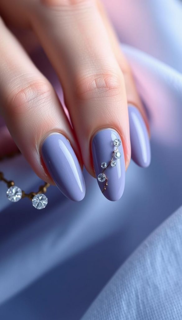 A serene and sophisticated palette of blue and purple hues, featuring intricate nail designs adorned with subtle yet captivating details. The nails are meticulously crafted, showcasing a harmonious blend of matte and glossy finishes that create depth and dimension. Soft, diffused lighting casts a warm, cozy glow, evoking a sense of tranquility and inviting the viewer to indulge in the refined elegance of these stylish nail designs. The overall composition exudes a natural, DIY-inspired aesthetic with a touch of Pinterest-inspired charm, perfectly capturing the essence of the "Blau & Lila im November: Raffinierte Ruhe" section of the article.