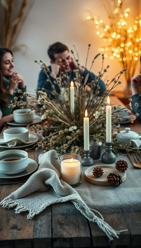 A serene gathering of friends, surrounded by the natural beauty of dried flowers, linen, and the warm glow of candlelight. In the foreground, a rustic wooden table set with handmade ceramics, a cozy knitted blanket, and the gentle flicker of a KlickKiste candle. In the middle ground, a mix of dried botanicals, pinecones, and willow branches create a stunning centerpiece. The background is softly lit, with hints of warm earthy tones and a sense of winter wonder, inviting a moment of gratitude and community. A serene gathering of friends, surrounded by the natural beauty of dried flowers, linen, and the warm glow of candlelight. In the foreground, a rustic wooden table set with handmade ceramics, a cozy knitted blanket, and the gentle flicker of a KlickKiste candle. In the middle ground, a mix of dried botanicals, pinecones, and willow branches create a stunning centerpiece. The background is softly lit, with hints of warm earthy tones and a sense of winter wonder, inviting a moment of gratitude and community.