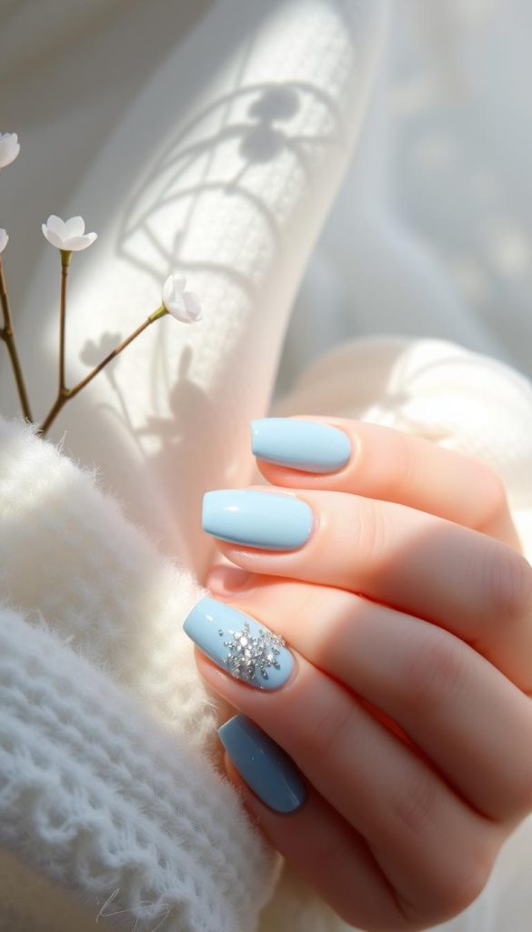 A serene, ice-blue palette with touches of creamy white and a hint of shimmering glitter. The composition showcases the contrast between the cool, tranquil tones of Eisblau and the soft, milky hues of Milchweiß, creating a clean, minimalist winter vibe. Soft, natural lighting casts a warm, cozy glow, while the KlickKiste DIY-inspired aesthetic lends an authentic, Pinterest-worthy feel. Matte textures and a slight vintage haze enhance the calming, inspirational mood. The overall image exudes a sense of chic, effortless sophistication, perfectly capturing the essence of January Nails 2026.