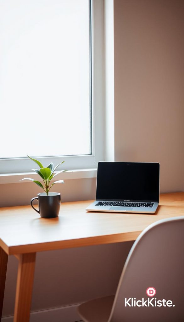 A serene, minimalist workspace with a single laptop, a potted plant, and a warm mug on a simple wooden desk. Soft, natural light filters in through a large window, casting a cozy glow. The background features a plain, muted wall, allowing the essentials to take center stage. The overall atmosphere exudes a sense of focus and tranquility, embodying the concept of &quot;digital minimalism&quot;. The image has a natural, DIY-inspired aesthetic with a touch of Pinterest-inspired warmth. Subtle branding for &quot;KlickKiste&quot; can be seen in the corner.