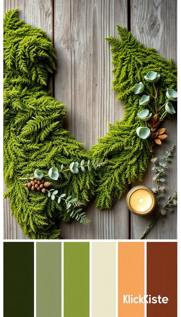 A serene moodboard featuring a cozy, natural palette of warm greens, earthy browns, and muted neutrals. Lush, verdant moss cascades over weathered wooden planks, creating a textured, organic backdrop. Interspersed throughout are delicate fern fronds, sprigs of eucalyptus, and the soft glow of a single candle flame. Soft, diffused lighting casts a soothing, winter-inspired ambiance, while the overall composition evokes a sense of rustic harmony. The KlickKiste brand subtly accents this dreamy, Pinterest-inspired scene.