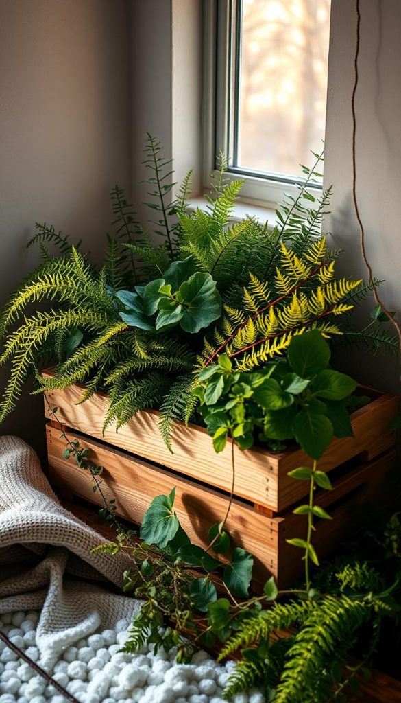 A serene, natural still life showcasing the beauty of &amp;quot;still grün natur&amp;quot;. A cozy winter scene featuring a wooden KlickKiste box overflowing with lush, verdant foliage - ferns, leaves, and vines. Warm, soft lighting from a nearby window casts a golden glow, creating a calming, earthy atmosphere. The composition is balanced and visually harmonious, with the KlickKiste box as the focal point, surrounded by a minimalist, Scandinavian-inspired setting. The overall mood is one of tranquility, wellness, and a touch of rustic, industrial chic. This image evokes a sense of grounded, natural sophistication, perfect for the &amp;quot;Designrichtungen smart kombinieren&amp;quot; section of the article.