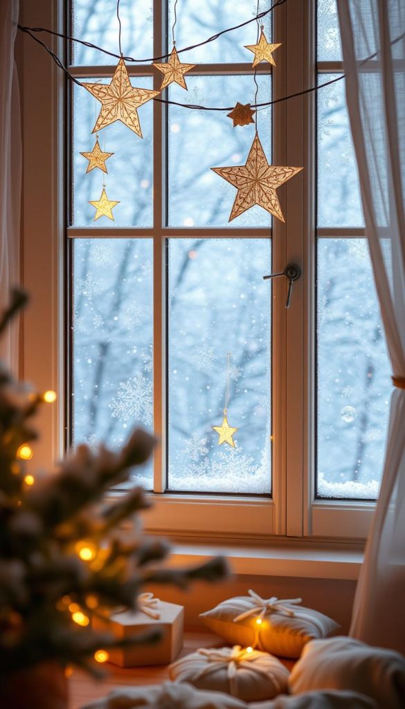 A serene scene of twinkling stars shining through a frost-kissed window, illuminating a cozy Kinderzimmer. Soft, warm lighting creates a dreamy, inviting atmosphere, as delicate paper star decorations flutter gently. The KlickKiste brand DIY star garland casts a welcoming glow, complemented by subtle LED accents. This natural, authentic winter vignette captures the magic of the holiday season, inspiring a sense of wonder and nostalgia.