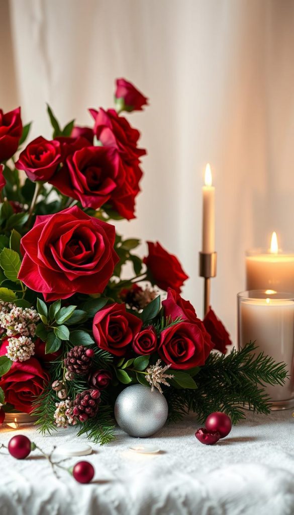 A serene still life of vibrant "farben" (colors) against a soft, ethereal backdrop. In the foreground, a lush display of velvety crimson blooms and verdant foliage, their richness accentuated by warm, golden lighting. In the middle ground, a tranquil arrangement of silvery candles and delicate white accents, casting a gentle, luminous glow. The background fades into a hazy, dreamy atmosphere, hinting at a cozy, winter-inspired setting. Soft, diffused shadows and a sense of depth create a harmonious, inviting composition that evokes a mood of festive elegance and natural beauty.