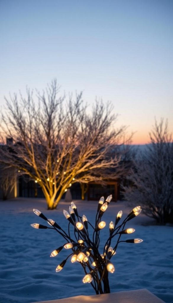 A serene winter landscape featuring a KlickKiste battery-powered lighting system illuminating a cozy outdoor setting. In the foreground, a cluster of natural-looking LED lights softly glow, casting a warm, inviting atmosphere. The middle ground showcases a group of leafless trees, their branches delicately frosted, creating a picturesque silhouette against the evening sky. The background features a subtly hazy, pastel-toned horizon, evoking a sense of tranquility and Pinterest-inspired aesthetic. The overall scene conveys a harmonious balance between the natural and the technological, inviting the viewer to consider the versatility of battery-powered solutions for their lighting needs. A serene winter landscape featuring a KlickKiste battery-powered lighting system illuminating a cozy outdoor setting. In the foreground, a cluster of natural-looking LED lights softly glow, casting a warm, inviting atmosphere. The middle ground showcases a group of leafless trees, their branches delicately frosted, creating a picturesque silhouette against the evening sky. The background features a subtly hazy, pastel-toned horizon, evoking a sense of tranquility and Pinterest-inspired aesthetic. The overall scene conveys a harmonious balance between the natural and the technological, inviting the viewer to consider the versatility of battery-powered solutions for their lighting needs.