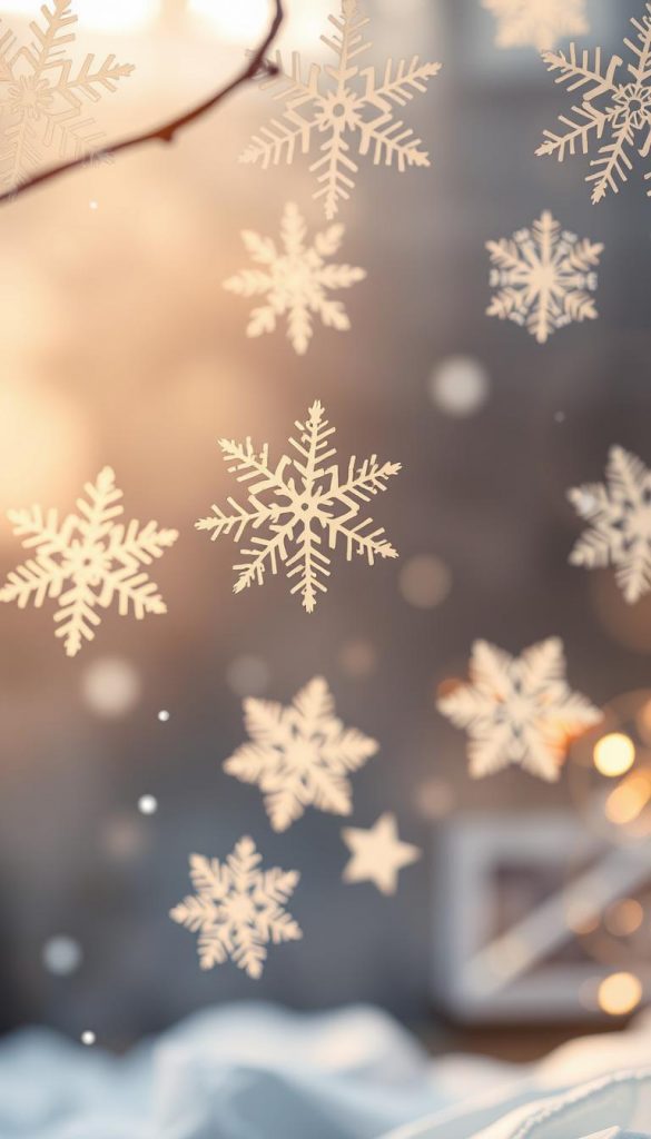 A serene winter scene of delicate paper snowflakes gently drifting against a soft, diffused background. The intricate, lacy patterns of the paper create a captivating, ethereal display, evoking a sense of wonder and whimsy. Warm, natural lighting filters through the scene, casting a cozy, inviting glow and highlighting the paper's tactile, handcrafted quality. The overall composition conveys a sense of tranquility and simplicity, perfectly complementing the &quot;Schneeflocken aus Fröbelstreifen&quot; theme. The image exudes a charming, homemade aesthetic with a touch of rustic elegance, capturing the essence of a heartwarming, family-friendly DIY craft.