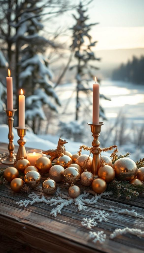 A serene winter scene showcasing a captivating array of metallic accents. In the foreground, a delicate arrangement of golden baubles, silver candlesticks, and copper ornaments rests on a rustic wooden surface, bathed in soft, warm lighting. The middle ground features a tranquil landscape, with snow-capped trees and a glistening frozen lake, creating a soothing, wintry atmosphere. The background subtly blends hues of muted greens and blues, complementing the metallic tones and evoking a sense of natural harmony. The overall composition exudes a cozy, Pinterest-inspired aesthetic, radiating a homely, authentic charm.