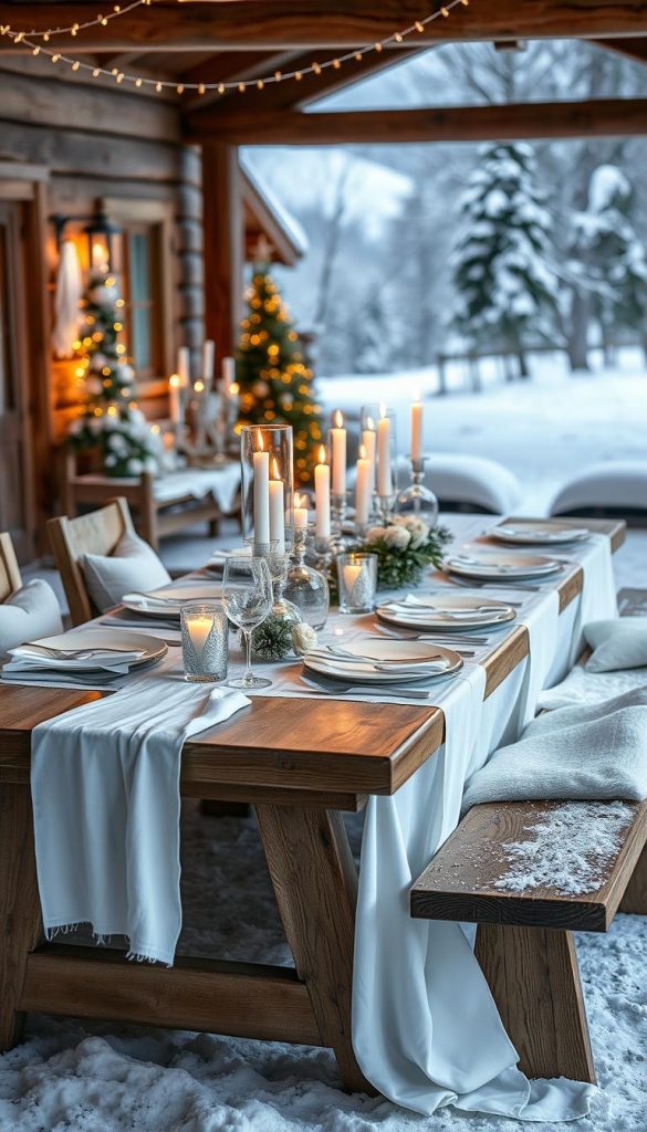 A serene winter table, adorned with an &quot;Eisblau Tisch&quot; from the KlickKiste collection. Crisp white linens, delicate silver accents, and glistening icy centerpieces create a magical, fairy-tale ambiance. Warm candlelight casts a soft glow, complementing the rustic, natural textures of the wooden table and benches. In the background, a backdrop of snowy landscapes and cozy cabin vibes evokes a sense of tranquil, hygge-inspired Winterromantik. Soft, diffused lighting and a muted color palette infuse the scene with an authentic, Pinterest-inspired aesthetic. This image perfectly captures the essence of the &quot;Winterromantik&quot; section of the &quot;Rot kariert &amp; Rustikal – Country-Charme&quot; article.