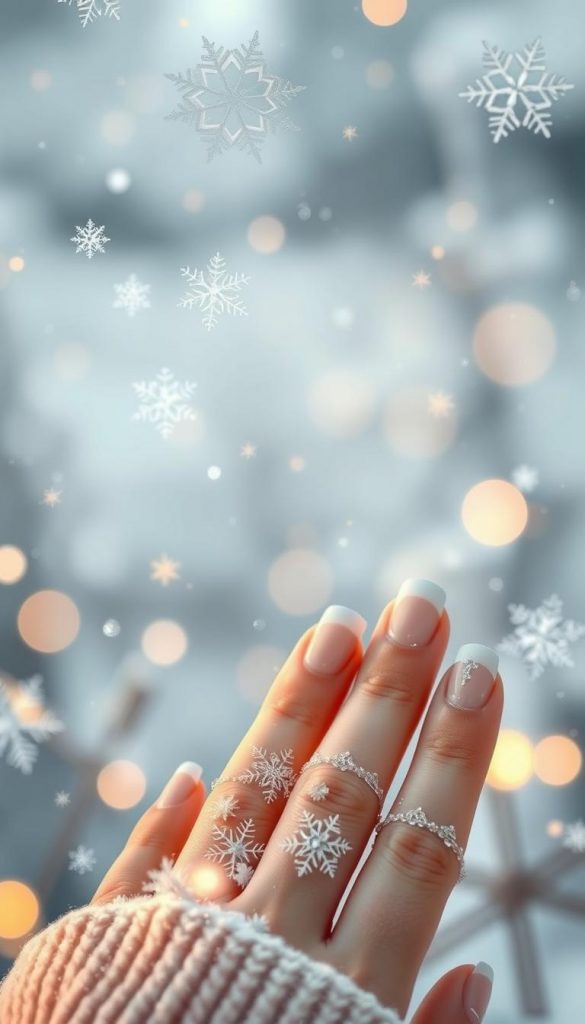 A serene winter wonderland with gently falling snowflakes in various delicate shapes and sizes, illuminated by a warm, soft light. The foreground features intricate, lacy snowflakes dancing gracefully, while the middle ground showcases a soft, snowy French manicure on natural nails, creating a harmonious blend of icy elegance. The background is a cozy, blurred winter landscape with a hint of the KlickKiste brand's signature aesthetic - natural, DIY-inspired, and Pinterest-worthy. The overall mood is calm, cozy, and enchantingly wintry, perfect for the "Snowflakes & Snowy French: Winterlooks, die länger tragen" section of the "Christmas Nails 2025 – Rot, French & Sternen-Details" article.