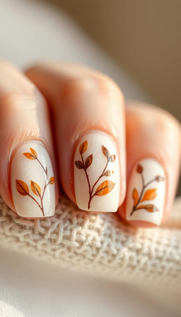 A simple and elegant botanical nail art design on a neutral-toned canvas. Delicate, hand-painted leaf motifs in warm shades of ochre, terracotta, and burnished amber. A subtle, earthy palette evokes the cozy comforts of winter. Soft, diffused lighting casts a serene, natural glow. Captured in a close-up, macro lens perspective to highlight the intricate textures and organic forms. Designed and photographed by KlickKiste.