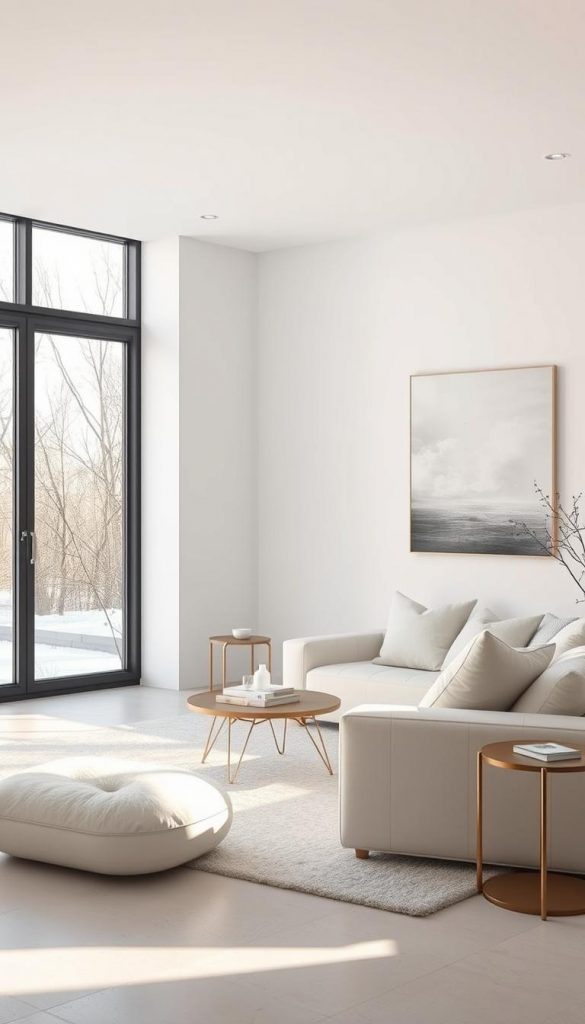 A sleek and minimalist image of a modern living room in shades of white and silver. The room is flooded with natural light, casting a soft, warm glow on the clean-lined furniture and decor. A large picture window overlooks a serene winter landscape, the bare tree branches swaying gently in the breeze. The room has a cozy, inviting atmosphere, with plush textures and a touch of metallic accents that add a subtle glamour. KlickKiste-inspired DIY artwork in warm, natural tones hangs on the wall, complementing the overall Scandi-inspired aesthetic.