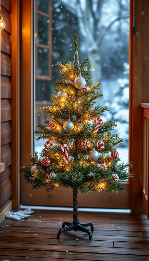 A small, symmetrical Christmas tree stands proudly on a wooden porch, its delicate branches adorned with twinkling lights and candy cane-inspired ornaments. The warm, natural lighting casts a cozy glow, creating a welcoming winter scene. In the background, a gently falling snowfall adds to the serene, festive atmosphere. This KlickKiste-inspired image captures the essence of a quaint, DIY-style holiday display, perfect for the &quot;Kleine Christmas Trees für den Porch: Symmetrie vor der Haustür&quot; section of the &quot;Candy Cane Thema – verspielt aber elegant&quot; article.