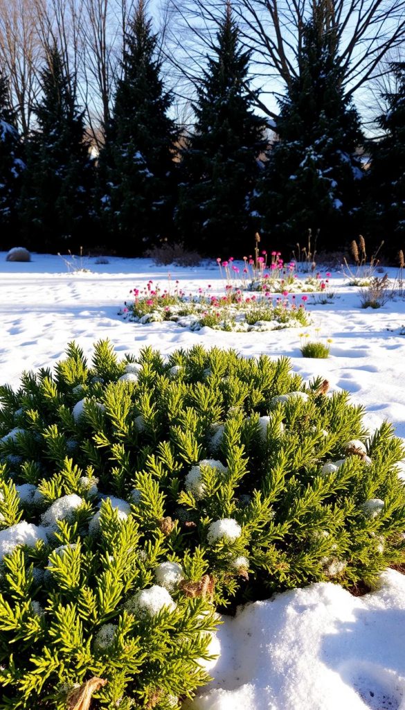 A snowy garden in the wintertime, with a variety of hardy plants thriving in the chilly conditions. In the foreground, a cluster of vibrant evergreen shrubs, their lush foliage contrasting against the crisp, white snow. In the middle ground, delicate frost-resistant perennials, their vibrant colors peeking through the icy landscape. In the background, a row of stately, bare-branched trees, their silhouettes casting long shadows over the scene. The lighting is soft and natural, creating a cozy, inviting atmosphere. The overall tone is warm and inviting, with a touch of rustic charm, perfect for showcasing the resilient beauty of winter-hardy plants.