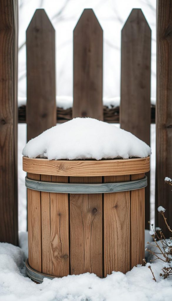 A snug and sturdy "winter schutz kübel" stands amidst a cozy winter scene. The container is made of weathered wood, its natural texture complemented by a warm, earthy palette. Soft, fluffy snow caps the lid, evoking a sense of tranquility. In the background, a rustic wooden fence frames the composition, creating a sense of enclosure and protection from the elements. The lighting is soft and diffused, casting a gentle glow that enhances the natural, handcrafted feel of the scene. The overall atmosphere is one of coziness, practicality, and a touch of whimsy, perfectly capturing the essence of sheltering plants through the winter months.
