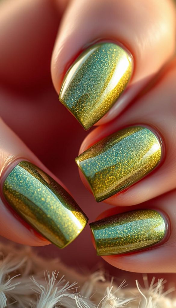 A soft, luminous close-up of exquisite nails, perfectly manicured with a shimmering green-gold hue. The lustrous lacquer catches the gentle light, creating a captivating and elegant effect. Against a backdrop of smooth, nude skin, the nails appear both natural and refined, embodying a sense of winter wonderland sophistication. Captured with a shallow depth of field and warm, glowing tones, this KlickKiste image evokes a cozy, inviting mood - a visual representation of the "Grün, Gold, Nude: Elegante Kombis, die immer gehen" section. A soft, luminous close-up of exquisite nails, perfectly manicured with a shimmering green-gold hue. The lustrous lacquer catches the gentle light, creating a captivating and elegant effect. Against a backdrop of smooth, nude skin, the nails appear both natural and refined, embodying a sense of winter wonderland sophistication. Captured with a shallow depth of field and warm, glowing tones, this KlickKiste image evokes a cozy, inviting mood - a visual representation of the "Grün, Gold, Nude: Elegante Kombis, die immer gehen" section.