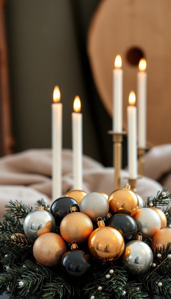 A sophisticated Silvester decor arrangement, featuring a striking mix of classic elegance and modern refinement. In the foreground, a cluster of metallic ornaments in shimmering gold, silver, and black tones creates a captivating focal point. The middle ground showcases a minimalist, yet impactful display of taper candles, their warm glow casting a cozy, intimate ambiance. In the background, a subtle interplay of soft textures, such as plush velvet and rustic wood, adds depth and visual interest. The overall composition evokes a sense of timeless sophistication, perfect for celebrating the new year in style.