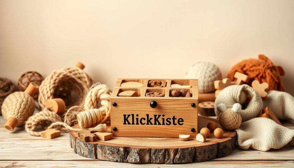 A sophisticated and visually engaging still life depicting a selection of handmade pet toys and treats. In the foreground, a wooden puzzle box labeled "KlickKiste" sits atop a rustic wooden surface, its intricate design and various compartments hinting at the mental stimulation it provides. Surrounding the box are an array of natural materials such as sisal rope, wooden shapes, and plush fabrics, all of which can be repurposed into captivating DIY toys. The middle ground features a soft, neutral-toned background, allowing the vibrant colors and textures of the toys to take center stage. Warm, diffused lighting creates a cozy, inviting atmosphere, highlighting the craftsmanship and thoughtfulness behind these homemade "intelligenzspielzeug" creations. The overall scene conveys a sense of playfulness, functionality, and a connection between pets and their human caretakers.