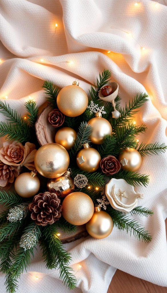 A sophisticated holiday display of shimmering gold and champagne-toned ornaments, arranged with effortless elegance against a backdrop of soft, textured fabrics. Natural materials like wood, pinecones, and lush greenery create a warm, inviting ambiance, while the gentle glow of string lights casts a cozy, intimate mood. The composition is carefully balanced, with each element complementing the others to form a harmonious, Pinterest-worthy scene that exudes winter charm without feeling overly kitschy. The overall aesthetic is one of understated luxury and refined style, perfectly capturing the essence of a serene, dreamlike holiday retreat.