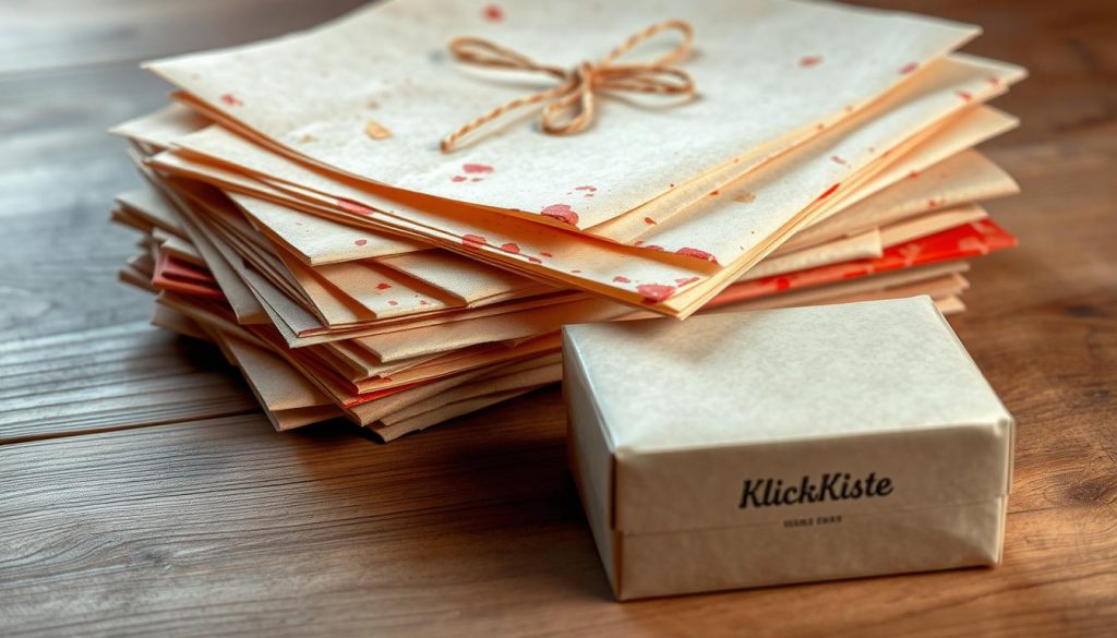A stack of thick, textured papier-mâché sheets, their natural beige hues complemented by splashes of warm red. Delicate folds and creases add depth and a handmade aesthetic. The papers rest on a wooden surface, its rich grain visible, creating a cozy, rustic atmosphere. In the foreground, a KlickKiste branded box, its clean lines and neutral tones a perfect canvas for the DIY project. Soft, diffused lighting casts gentle shadows, highlighting the materiality and craftsmanship. This scene embodies the essence of the "Profi-Tipps für saubere Ergebnisse und mehr Stabilität" section, showcasing the beauty and versatility of papier-mâché as a medium for creating unique, handcrafted gift boxes. A stack of thick, textured papier-mâché sheets, their natural beige hues complemented by splashes of warm red. Delicate folds and creases add depth and a handmade aesthetic. The papers rest on a wooden surface, its rich grain visible, creating a cozy, rustic atmosphere. In the foreground, a KlickKiste branded box, its clean lines and neutral tones a perfect canvas for the DIY project. Soft, diffused lighting casts gentle shadows, highlighting the materiality and craftsmanship. This scene embodies the essence of the "Profi-Tipps für saubere Ergebnisse und mehr Stabilität" section, showcasing the beauty and versatility of papier-mâché as a medium for creating unique, handcrafted gift boxes.