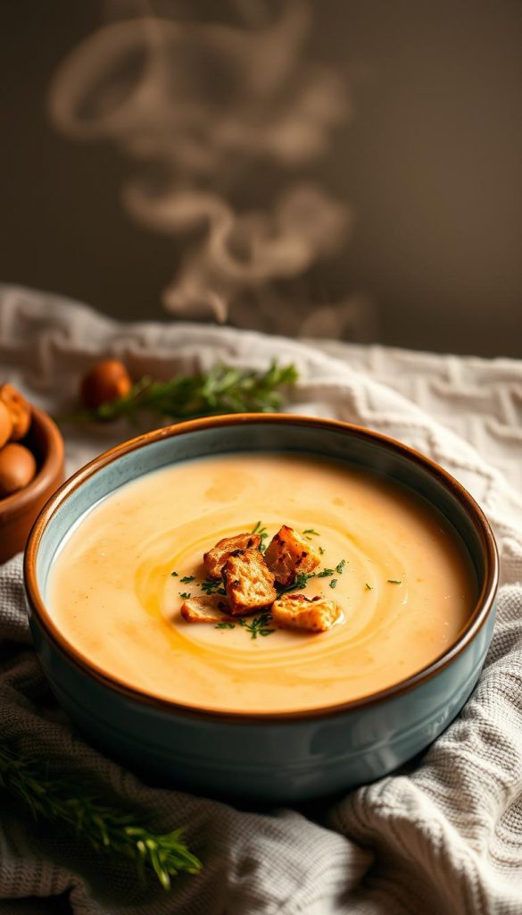 A steaming bowl of creamy, velvety soup takes center stage, garnished with crunchy croutons and a sprinkle of fresh herbs. The lighting is warm and inviting, casting a cozy, winter-inspired glow. The composition is simple yet elegant, with the soup bowl positioned against a backdrop of soft, muted tones that evoke a natural, DIY aesthetic. The overall mood is comforting and Pinterest-worthy, exuding a sense of homemade authenticity and inviting the viewer to indulge in a delightful appetizer.