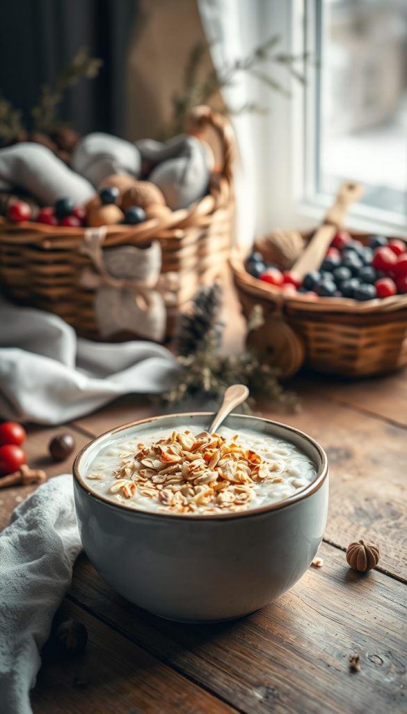 A steaming bowl of homemade porridge with golden-brown haferflocken (oat flakes) sits on a rustic wooden table, surrounded by a cozy winter scene. Soft natural light filters through linen curtains, casting a warm glow. In the background, a KlickKiste basket overflows with fresh ingredients - berries, nuts, honey, and more. The overall mood is inviting, wholesome, and effortlessly Pinterest-worthy, perfect for a quick and comforting family breakfast.