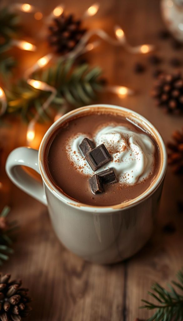 A steaming mug filled with rich, velvety hot chocolate, garnished with a generous dollop of freshly whipped cream. The deep, cocoa-infused liquid reflects the warm, cozy lighting, casting a gentle glow throughout the scene. Shavings of dark chocolate and a light dusting of cinnamon add depth and complexity to this indulgent winter treat. The mug rests on a wooden surface, surrounded by natural elements like pine branches and twinkling fairy lights, evoking a sense of hygge and holiday cheer. The overall mood is soft, inviting, and perfectly suited for a comforting moment of relaxation on a chilly day. A steaming mug filled with rich, velvety hot chocolate, garnished with a generous dollop of freshly whipped cream. The deep, cocoa-infused liquid reflects the warm, cozy lighting, casting a gentle glow throughout the scene. Shavings of dark chocolate and a light dusting of cinnamon add depth and complexity to this indulgent winter treat. The mug rests on a wooden surface, surrounded by natural elements like pine branches and twinkling fairy lights, evoking a sense of hygge and holiday cheer. The overall mood is soft, inviting, and perfectly suited for a comforting moment of relaxation on a chilly day.