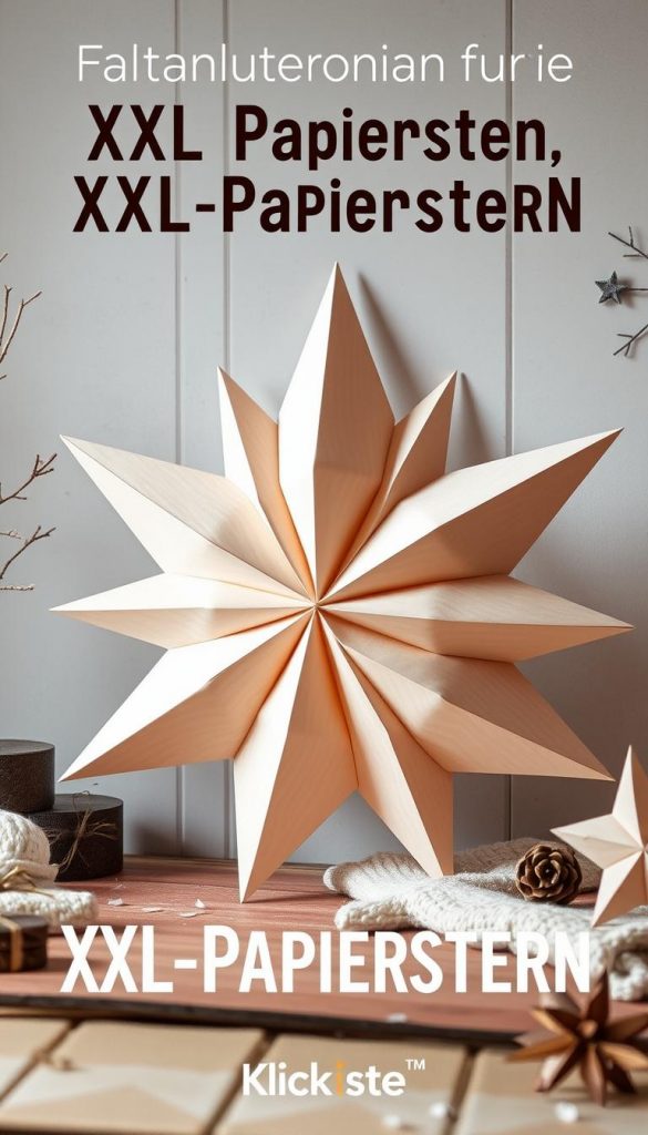 A step-by-step paper folding instruction manual, featuring a large, handcrafted XXL paper star in warm, muted tones. The scene is set against a cozy, winter-inspired backdrop, with soft lighting and a rustic, DIY aesthetic reminiscent of Pinterest. The KlickKiste brand name is subtly incorporated. The image conveys a sense of natural, authentic inspiration, perfect for illustrating the &amp;amp;quot;Faltanleitung für einen XXL-Papierstern&amp;amp;quot; section of the article.