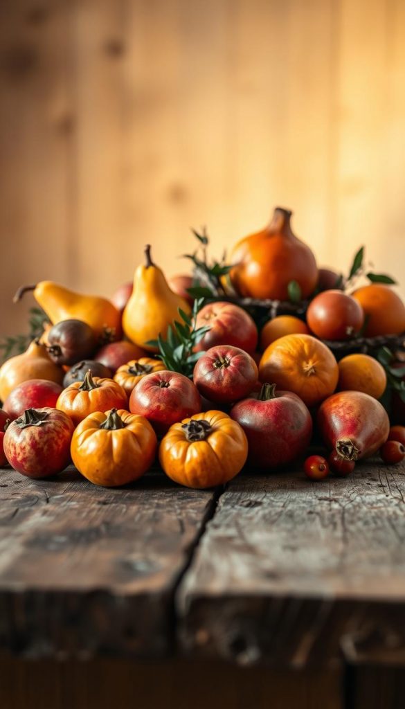A still life arrangement featuring a rustic wooden table topped with an array of seasonal fruits. In the foreground, a bountiful assortment of pears, persimmons, oranges, and pomegranates in rich, warm hues are artfully displayed. Diffused, golden lighting casts a cozy, inviting glow across the scene. The middle ground features a small sprig of greenery, adding a touch of natural, earthy elegance. The background is softly blurred, creating a sense of depth and focus on the luscious, textured fruits. This &quot;KlickKiste&quot; inspired image captures the essence of a festive, winter-themed still life with a refined, Pinterest-worthy aesthetic.