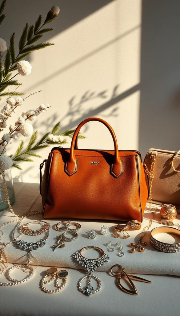A still life arrangement of elegant accessories, sparkling jewelry, and chic handbags, bathed in warm, natural lighting. The foreground features a collection of shimmering necklaces, bracelets, and earrings arranged artfully on a soft, textured surface. In the middle ground, a luxurious leather handbag takes center stage, its rich hue complemented by surrounding metallic accents. The background showcases a minimalist, winter-inspired backdrop, with subtle hints of greenery and cozy textures, creating a serene, Pinterest-worthy ambiance. The overall composition exudes a sense of effortless style and sophistication, perfect for inspiring stylish Silvester outfits.