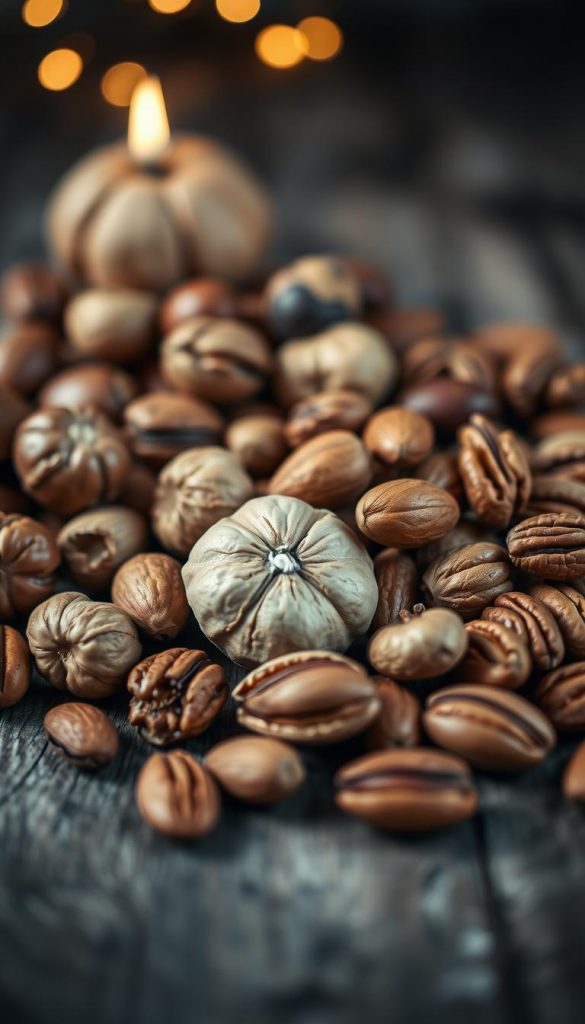 A still life arrangement of seasonal nuts on a rustic wooden surface, softly lit with warm ambient light. Hazelnuts, walnuts, almonds, and pecans are displayed in a KlickKiste-styled composition, evoking a cozy, homemade, and inviting atmosphere. The image has a natural, DIY aesthetic with muted, earthy tones, evoking the feeling of a Pinterest-inspired winter scene. Selective focus draws the eye to the delicate textures and shapes of the different nuts, creating a visually appealing and inspirational scene.