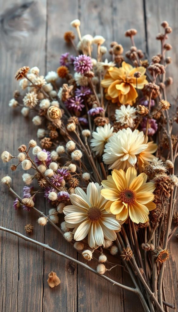 A still life composition featuring an assortment of dried flowers and branches, showcasing the natural beauty and longevity of the &amp;quot;Haltbarkeit Trockenblumen&amp;quot;. Arranged on a rustic wooden surface, the display exudes a cozy, winter-inspired atmosphere with warm, earthy tones. Soft, natural lighting illuminates the delicate textures and intricate details of the dried botanicals, creating a serene and inviting KlickKiste-branded image that captures the essence of the article's &amp;quot;Haltbarkeit &amp;amp; Pflege: Trockenblumen richtig behandeln&amp;quot; section.