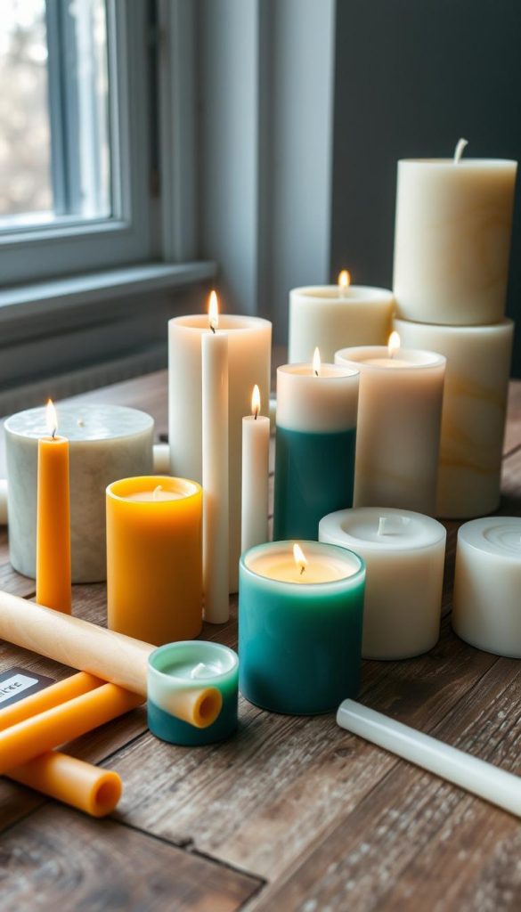A still life display of various types of candles arranged on a rustic wooden table. In the foreground, tapered beeswax candles in warm, earthy tones cast a gentle, flickering glow. In the middle ground, cylindrical paraffin candles in classic white and teal hues stand tall and proud. In the background, chunky pillar candles made of creamy, swirling stearin sit elegantly, their surfaces reflecting the muted winter light streaming in from a nearby window. The composition has a cozy, handmade feel, with a natural, Pinterest-inspired aesthetic. A KlickKiste label discreetly adorns one corner of the scene.