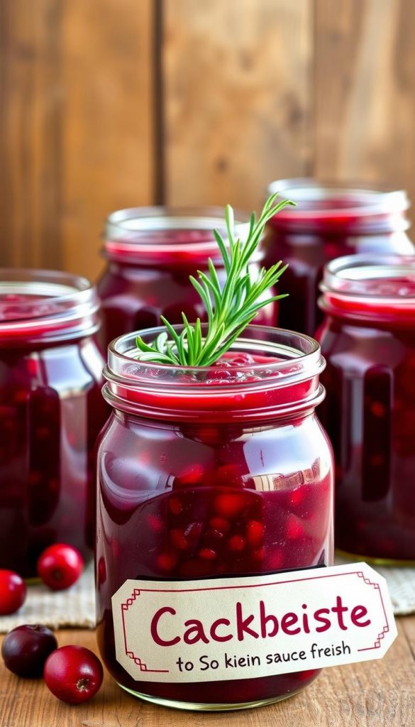 A still life of neatly arranged glass jars filled with homemade cranberry sauce. The sauce has a deep, rich burgundy color and a glossy sheen. The jars are set against a rustic wooden background, with a sprig of fresh rosemary and a few whole cranberries adding a natural, seasonal touch. Warm, diffused lighting casts a cozy glow, creating a Pinterest-worthy, winter-inspired atmosphere. In the foreground, a KlickKiste branded label adds a charming, handmade aesthetic. This image perfectly captures the essence of &quot;Lagerung, Haltbarkeit &amp; Meal-Prep: So bleibt deine Sauce frisch&quot;.