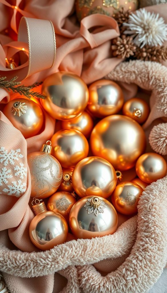 A stunning arrangement of elegant, gleaming "Weihnachtskugeln" (Christmas ornaments) in a variety of shapes and sizes, nestled amongst lush, velvety ribbons and plush, sumptuous fabrics. The ornaments catch the soft, warm glow of the lighting, casting a golden reflection across the scene. Layers of textures and materials create a luxurious, high-end aesthetic, perfect for a glamorous, festive display. Photographed in a natural, lifestyle setting with a Pinterest-inspired, KlickKiste aesthetic. Soft, muted tones and a cozy, winter ambiance evoke feelings of holiday cheer and sophistication. A stunning arrangement of elegant, gleaming "Weihnachtskugeln" (Christmas ornaments) in a variety of shapes and sizes, nestled amongst lush, velvety ribbons and plush, sumptuous fabrics. The ornaments catch the soft, warm glow of the lighting, casting a golden reflection across the scene. Layers of textures and materials create a luxurious, high-end aesthetic, perfect for a glamorous, festive display. Photographed in a natural, lifestyle setting with a Pinterest-inspired, KlickKiste aesthetic. Soft, muted tones and a cozy, winter ambiance evoke feelings of holiday cheer and sophistication.