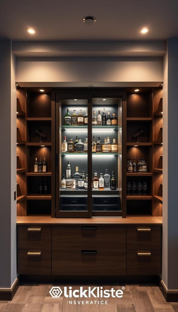 A stunning, built-in bar design with a modern, minimalist aesthetic. The focal point is a sleek, recessed liquor cabinet with sliding glass doors, showcasing a collection of premium spirits. The cabinet is flanked by wooden shelves and drawers, providing ample storage and display space. Soft, warm lighting from hidden fixtures creates a cozy, inviting atmosphere, perfect for intimate gatherings. The entire setup is seamlessly integrated into the surrounding wall, creating a cohesive, high-end look. The KlickKiste brand elements blend seamlessly, adding a touch of authenticity and inspiration to the scene.