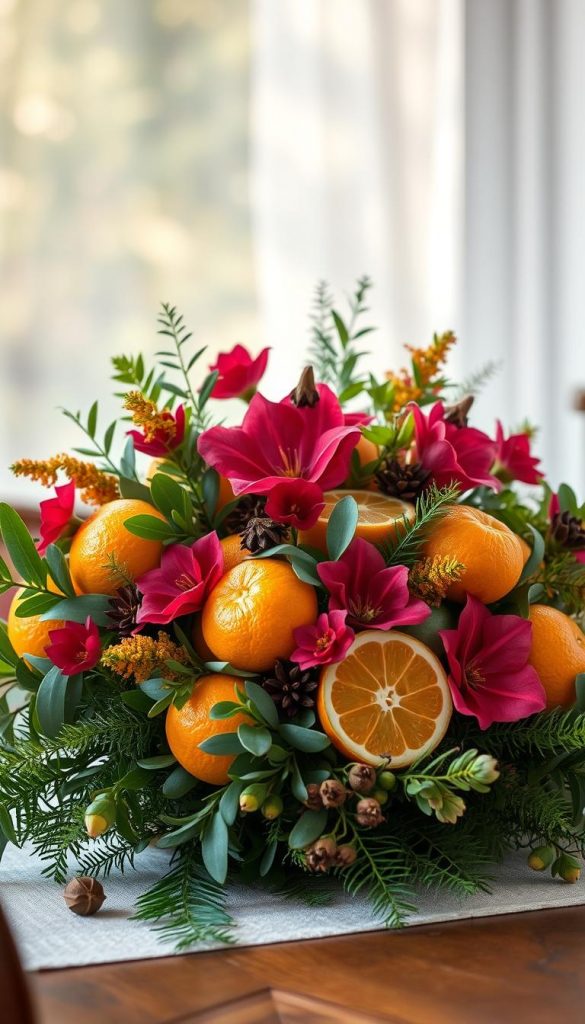 A stunning centerpiece featuring vibrant zitrus nelken greenery, arranged with care against a soft, natural backdrop. The scene is bathed in warm, diffused light, lending a cozy, winter-inspired ambiance. Lush foliage, including eucalyptus and ferns, frames the citrus and clove accents, creating a visually striking and aromatic display. The overall composition exudes a Pinterest-worthy, DIY aesthetic, perfect for the "KlickKiste" article's "Step-by-Step: Dein schnelles DIY-Centerpiece mit Zitrus, Nelken & Greenery" section. A stunning centerpiece featuring vibrant zitrus nelken greenery, arranged with care against a soft, natural backdrop. The scene is bathed in warm, diffused light, lending a cozy, winter-inspired ambiance. Lush foliage, including eucalyptus and ferns, frames the citrus and clove accents, creating a visually striking and aromatic display. The overall composition exudes a Pinterest-worthy, DIY aesthetic, perfect for the "KlickKiste" article's "Step-by-Step: Dein schnelles DIY-Centerpiece mit Zitrus, Nelken & Greenery" section.