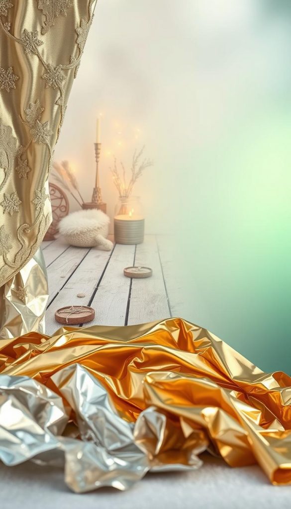 A stunning moodboard showcasing the alluring blend of gold and silver tones. In the foreground, a captivating arrangement of metallic textures, including shimmering gold leaf and sleek silver foil, artfully arranged to create a sense of depth and visual interest. The middle ground features a cozy winter scene, with warm, natural elements like weathered wooden planks and soft, fluffy textiles, evoking a sense of hygge. In the background, a vibrant gradient of muted greens and blues, evoking the tranquil hues of nature. Soft, diffused lighting casts a dreamy, atmospheric glow, while the overall composition exudes a sophisticated, Pinterest-inspired aesthetic. Crafted by the KlickKiste team, this moodboard embodies the captivating Wohntrends of 2025.