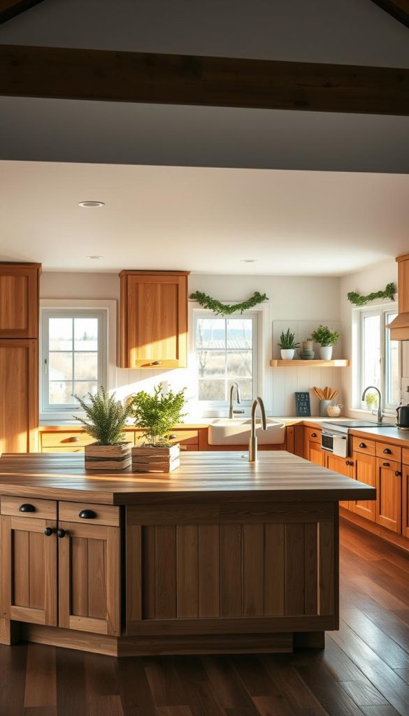 A stunning, well-appointed kitchen island in an L-shaped layout, casting a warm, cozy glow under natural light. The wooden countertop and cabinetry exude a rustic, DIY charm, complemented by minimalist hardware and a simple, functional design. Lush, greenery-filled planters adorn the island, lending a touch of nature and a Pinterest-inspired aesthetic. The space radiates a sense of winter coziness, with a soft, muted color palette of earthy tones and natural textures. This inviting, authentic kitchen setup embodies the perfect balance of festive and functional, inspiring the reader to recreate a similar, visually captivating layout in their own home.