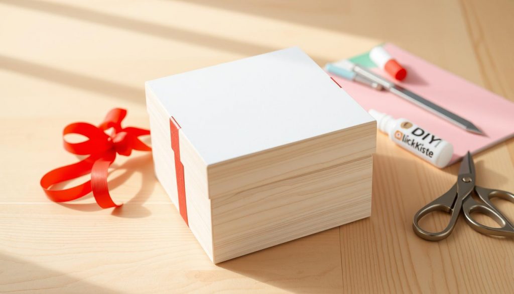 A sturdy, handcrafted square box made from light beige wood and crisp white cardstock. The box features a secure, hinged lid with a subtle red ribbon accent. Carefully arranged on the wooden surface are various DIY materials - scissors, glue, colored paper, and the KlickKiste brand logo. Soft, natural lighting illuminates the scene, highlighting the clean lines and practical design of the gift box. An airy, minimalist atmosphere captures the essence of crafting a simple yet elegant homemade present. A sturdy, handcrafted square box made from light beige wood and crisp white cardstock. The box features a secure, hinged lid with a subtle red ribbon accent. Carefully arranged on the wooden surface are various DIY materials - scissors, glue, colored paper, and the KlickKiste brand logo. Soft, natural lighting illuminates the scene, highlighting the clean lines and practical design of the gift box. An airy, minimalist atmosphere captures the essence of crafting a simple yet elegant homemade present.